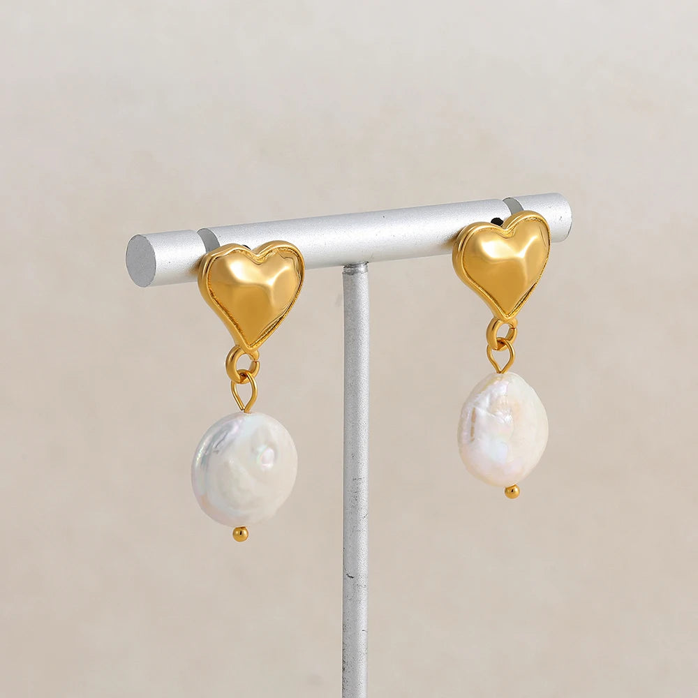 Polished Heart Pearl Pendant Earrings