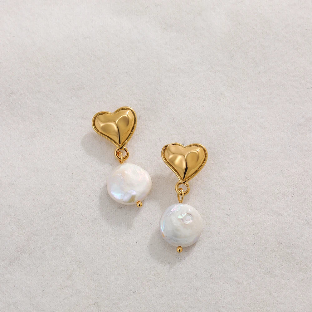 Polished Heart Pearl Pendant Earrings