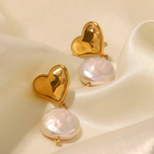 Polished Heart Pearl Pendant Earrings