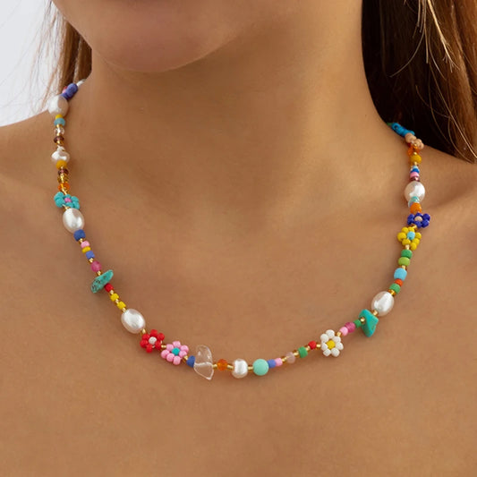 Handmade Flower and Pearl Necklace