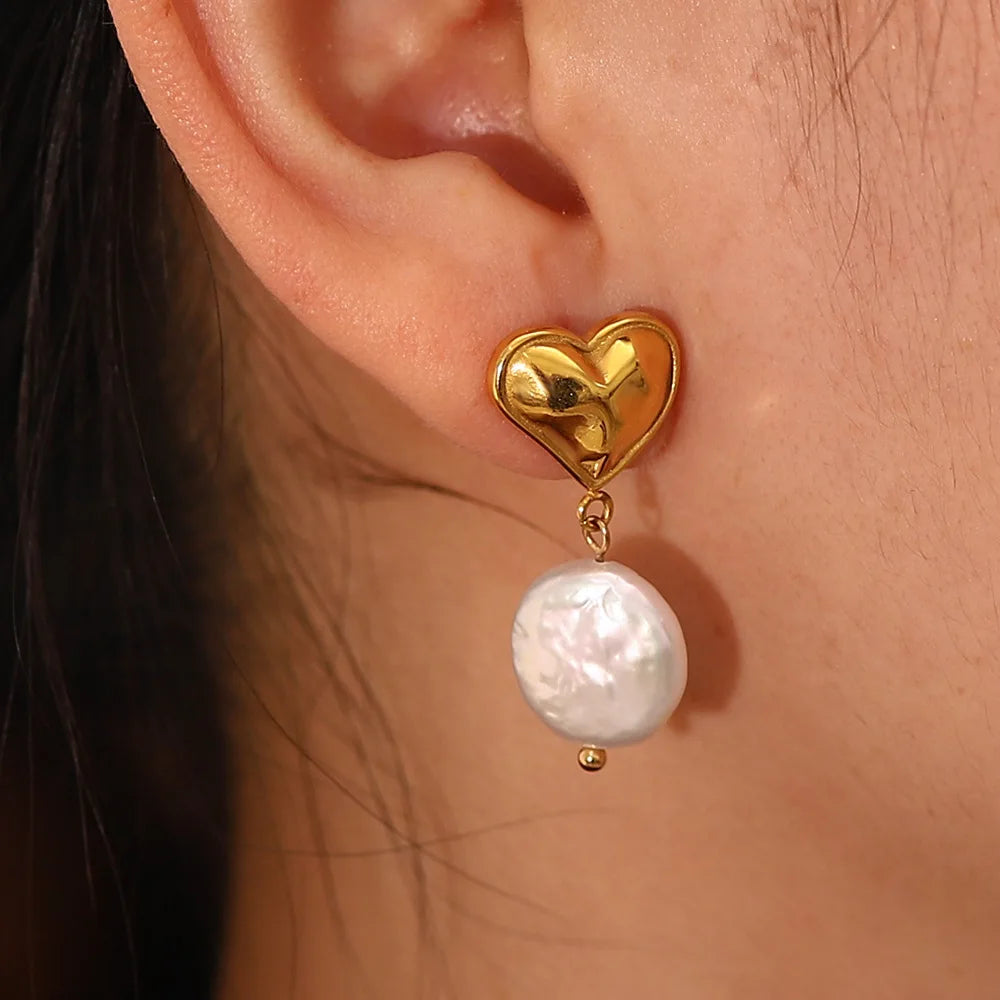 Polished Heart Pearl Pendant Earrings