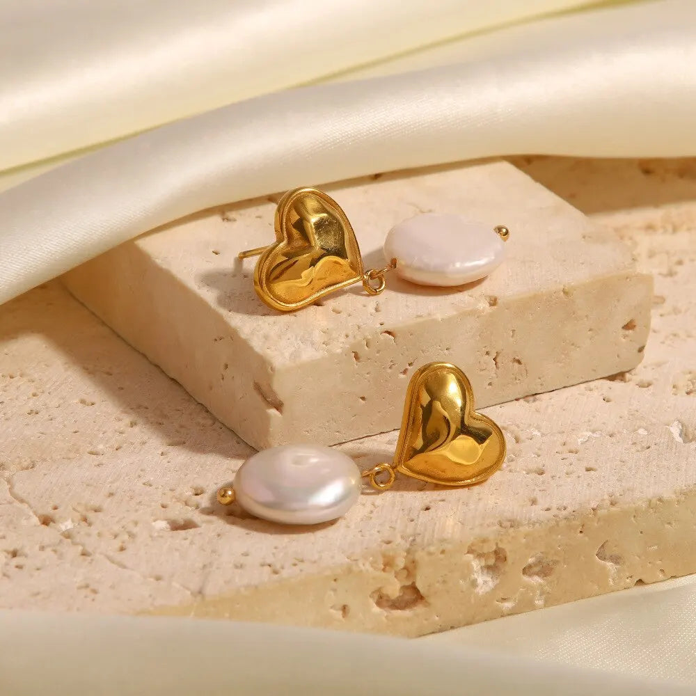 Polished Heart Pearl Pendant Earrings
